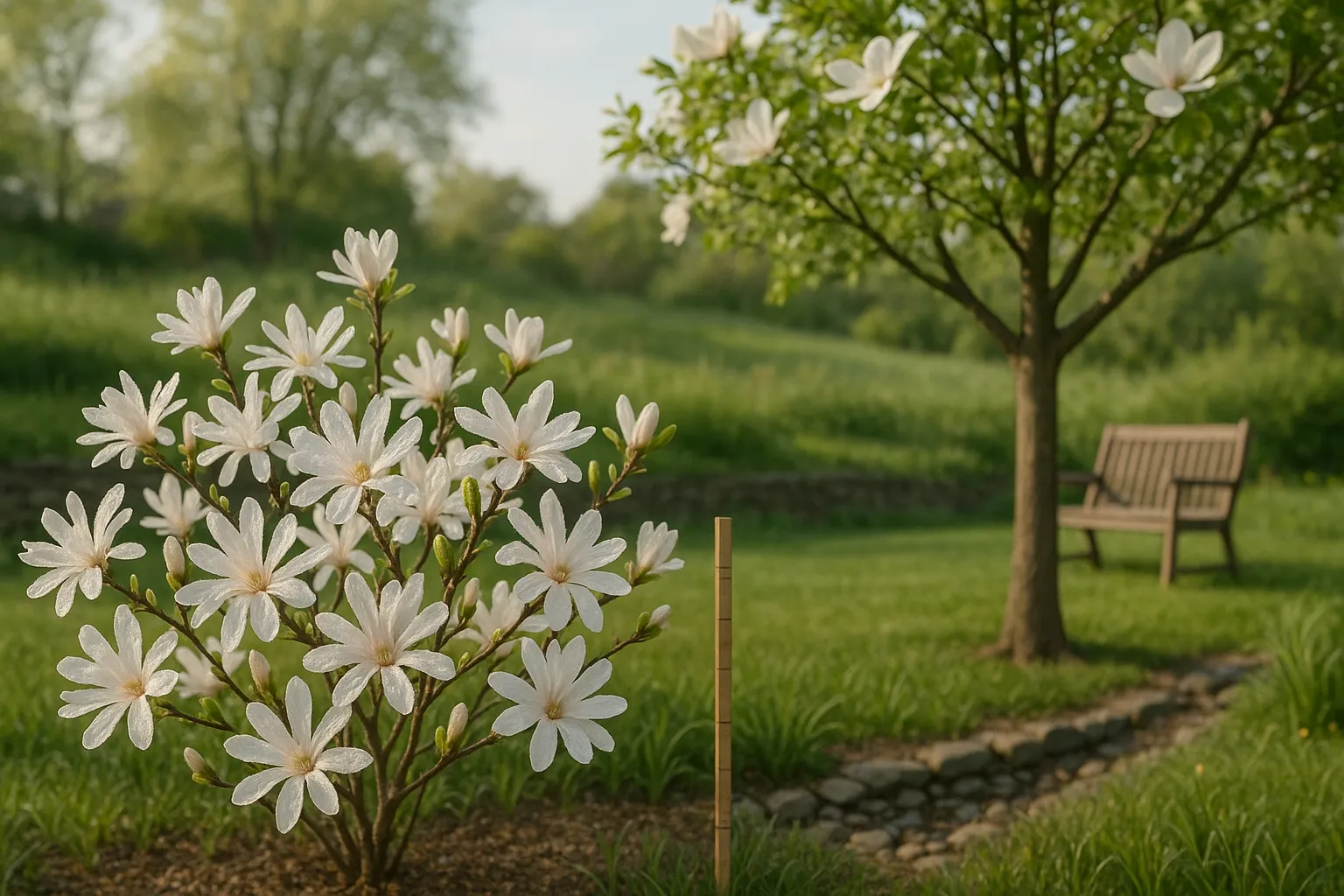 Magnolia stellata shrub in foreground and taller Magnolia kobus tree behind it.