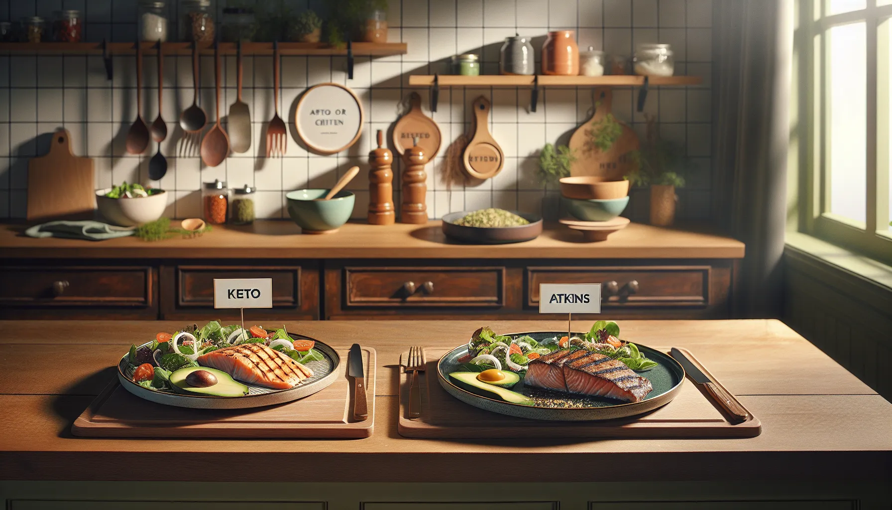 Keto and Atkins diet meals displayed on a kitchen counter.