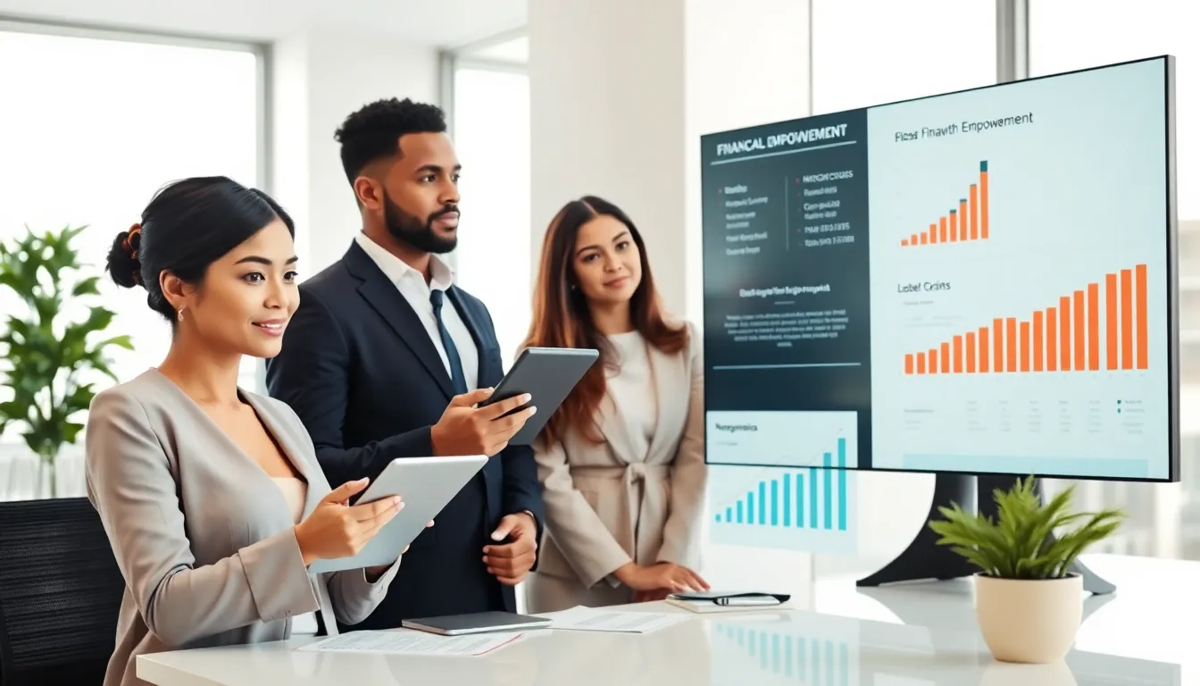 diverse team discussing financial empowerment in a modern office.