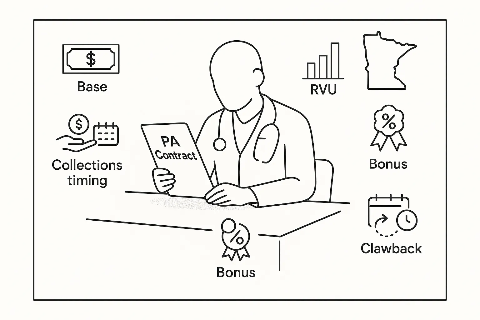 Physician assistant reviewing a contract with compensation icons and Minnesota outline.