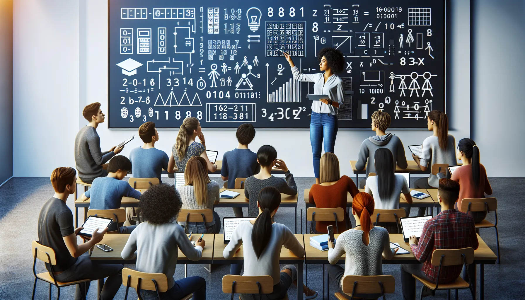 Teacher explaining numeral systems in a modern classroom with engaged students.