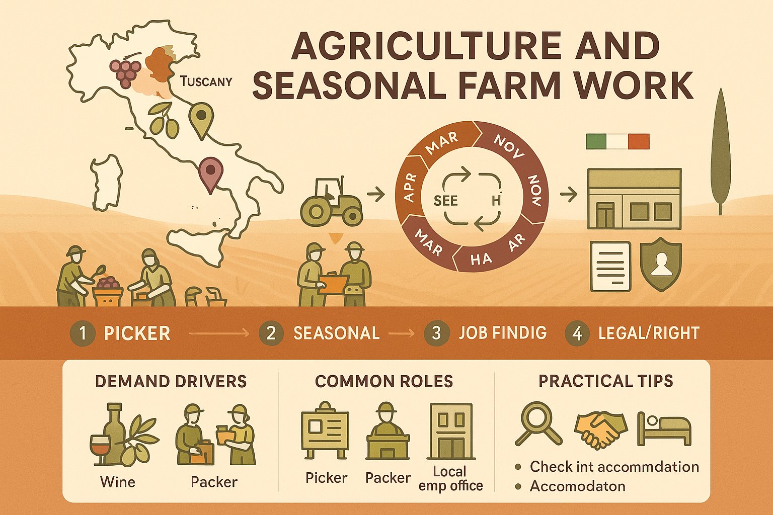 Infografica di lavori agricoli stagionali per stranieri in Italia.