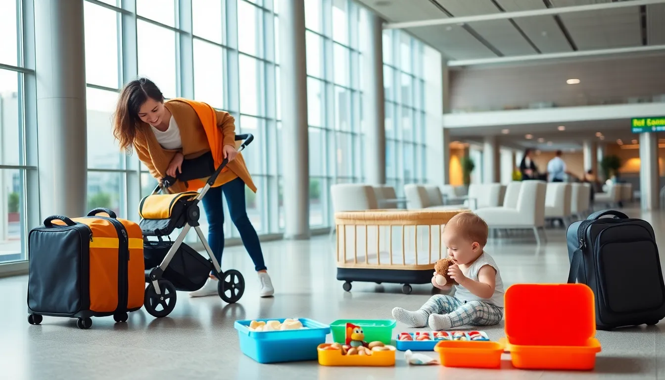 family preparing travel essentials with toddlers in an airport.