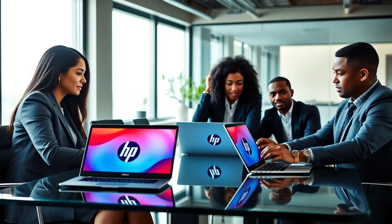 diverse professionals discussing Hewlett Packard laptops in a modern office.