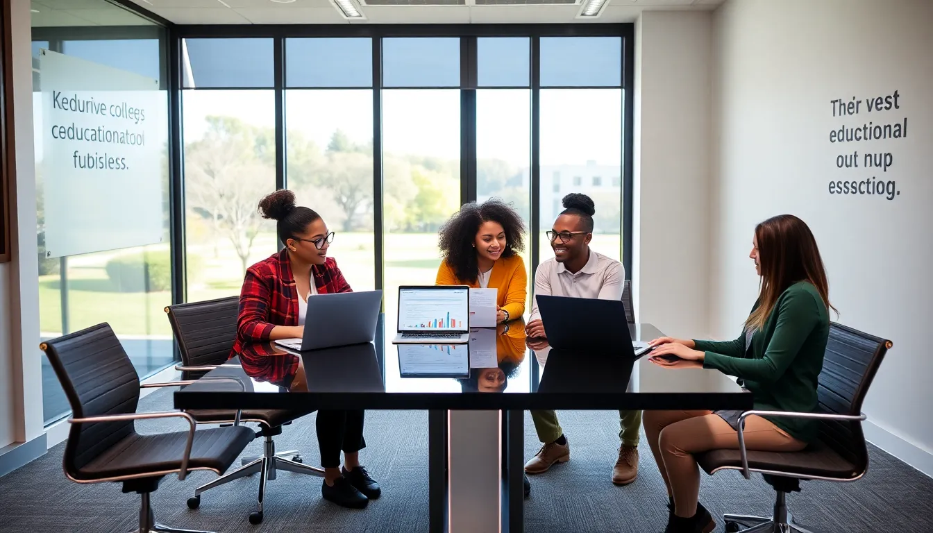 students discussing college tuition costs in a modern office.