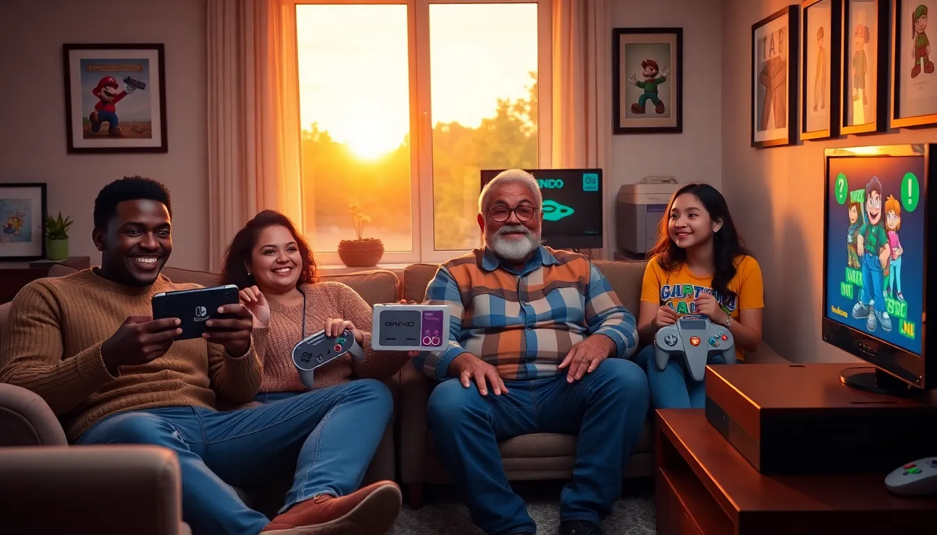 a group of gamers enjoying various Nintendo consoles in a cozy living room.