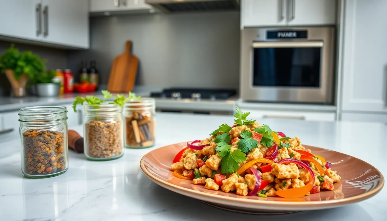 A colorful plate of tempeamil in a modern kitchen setting.