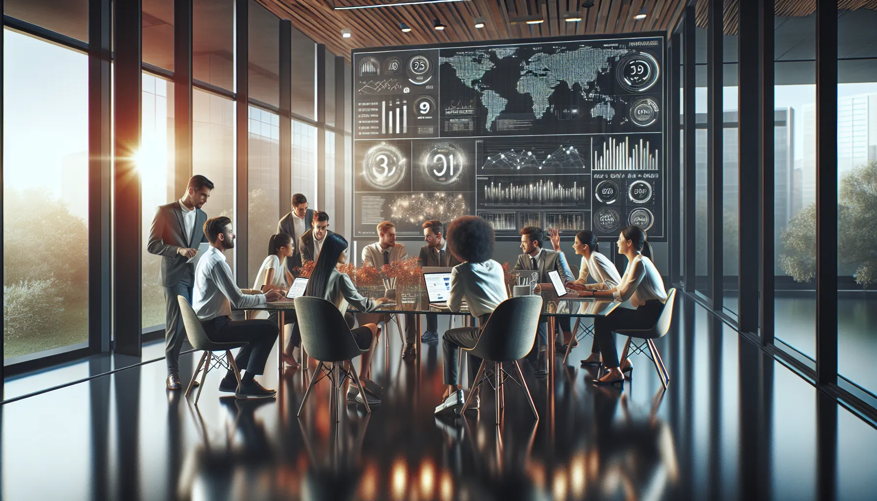 diverse team discussing social media trends in a modern office.