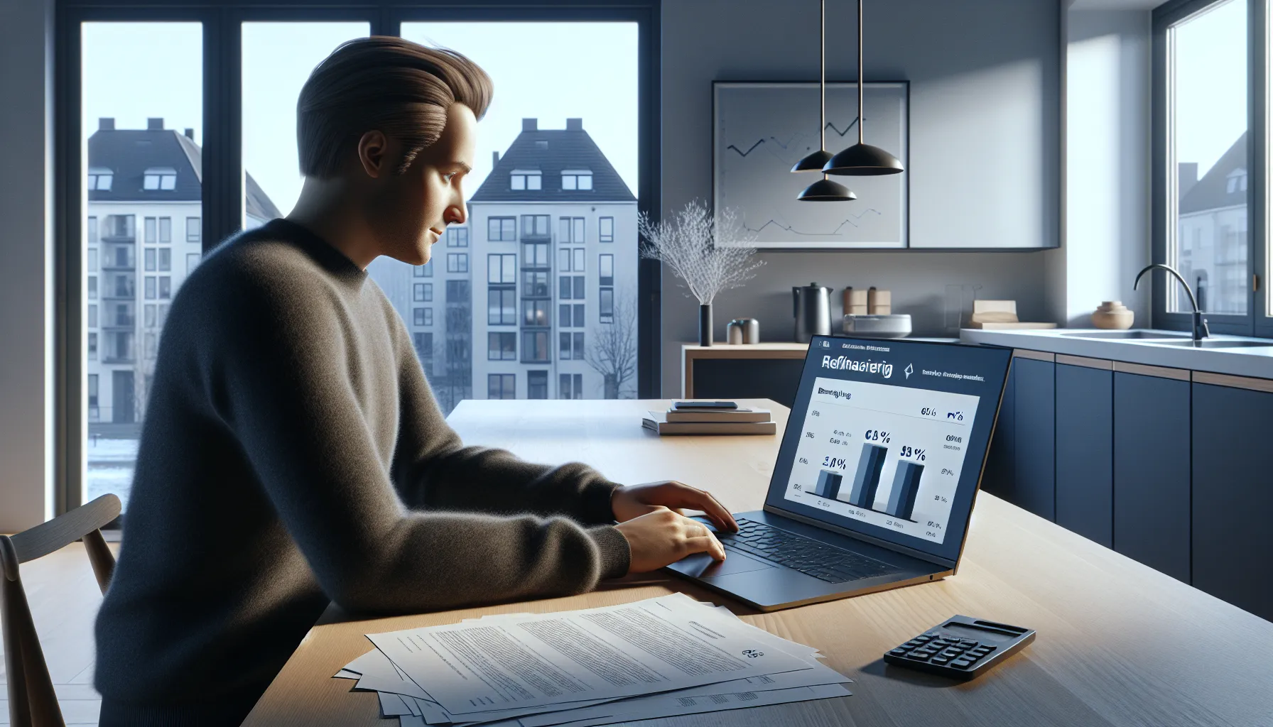 Norwegian homeowner reviews mortgage rates, appraisal, and forms at a kitchen table.