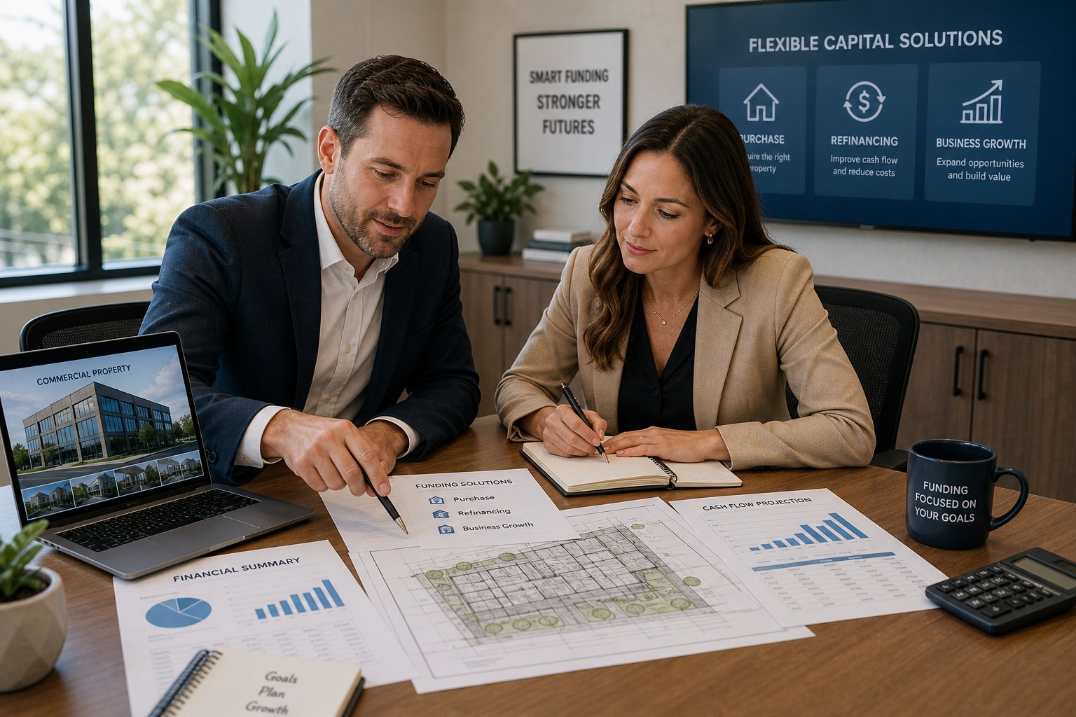 Professionals planning a commercial mortgage structure with financial documents and property plans in a modern office.