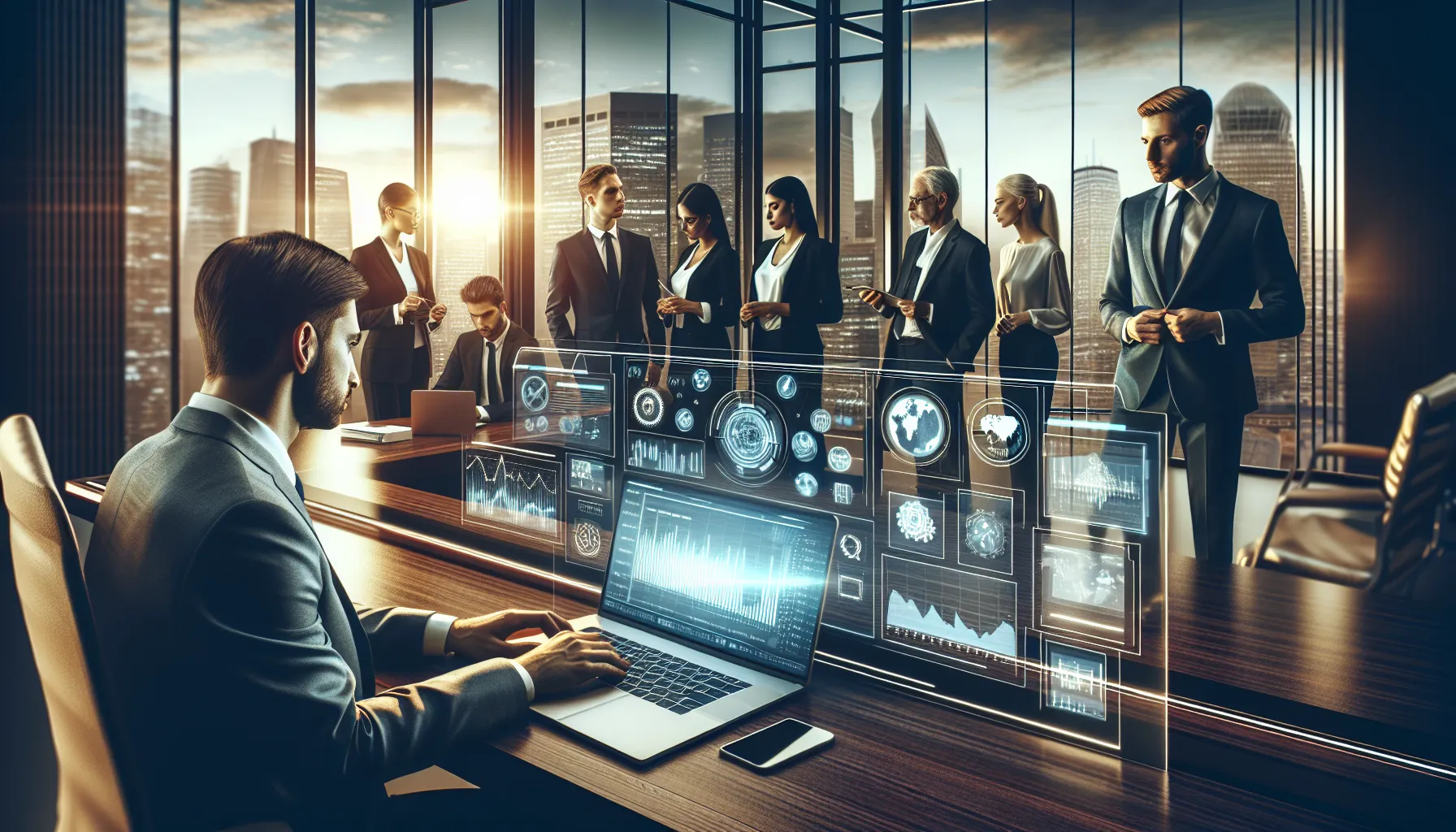 Professionals discuss finance by a desk with a laptop displaying transaction details.