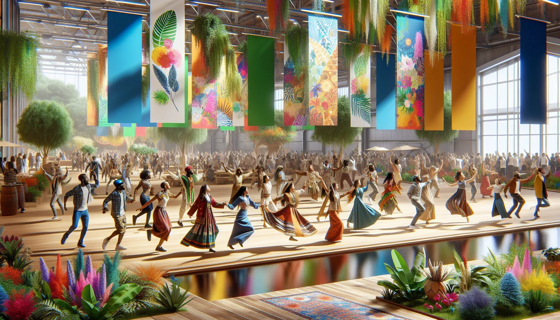 diverse group celebrating cultural festival outdoors.