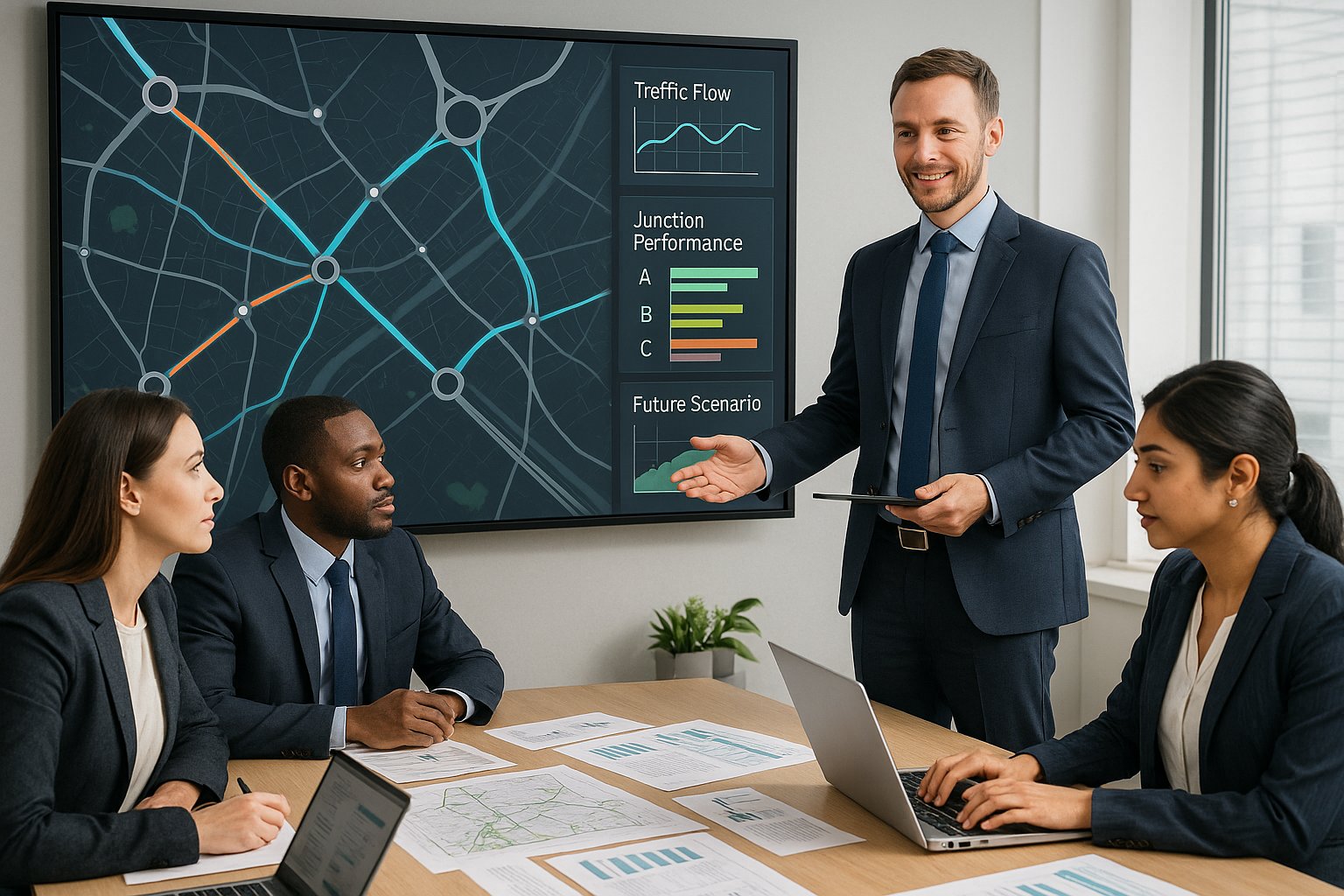 Transport consultants reviewing UK traffic models in a modern office.