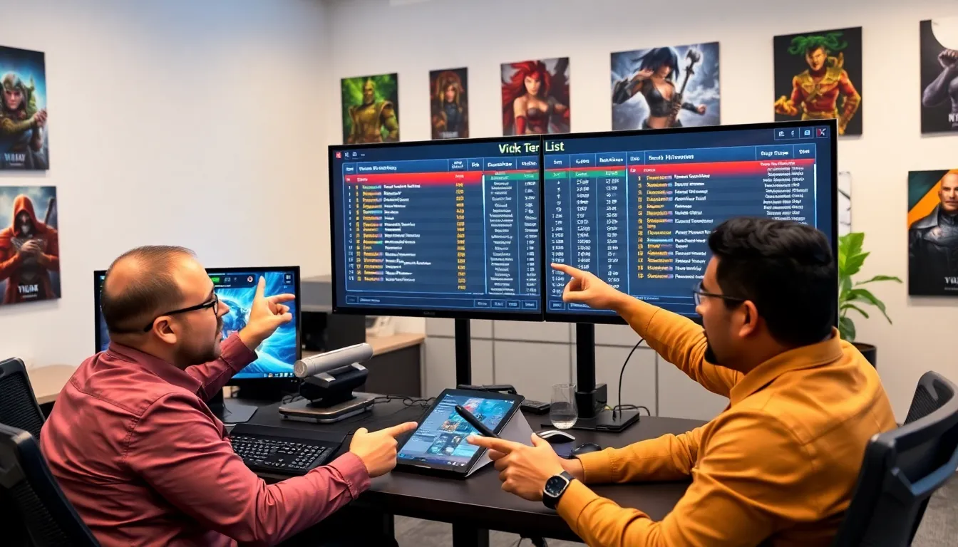 group discussing a World of Warcraft tier list in a modern office.