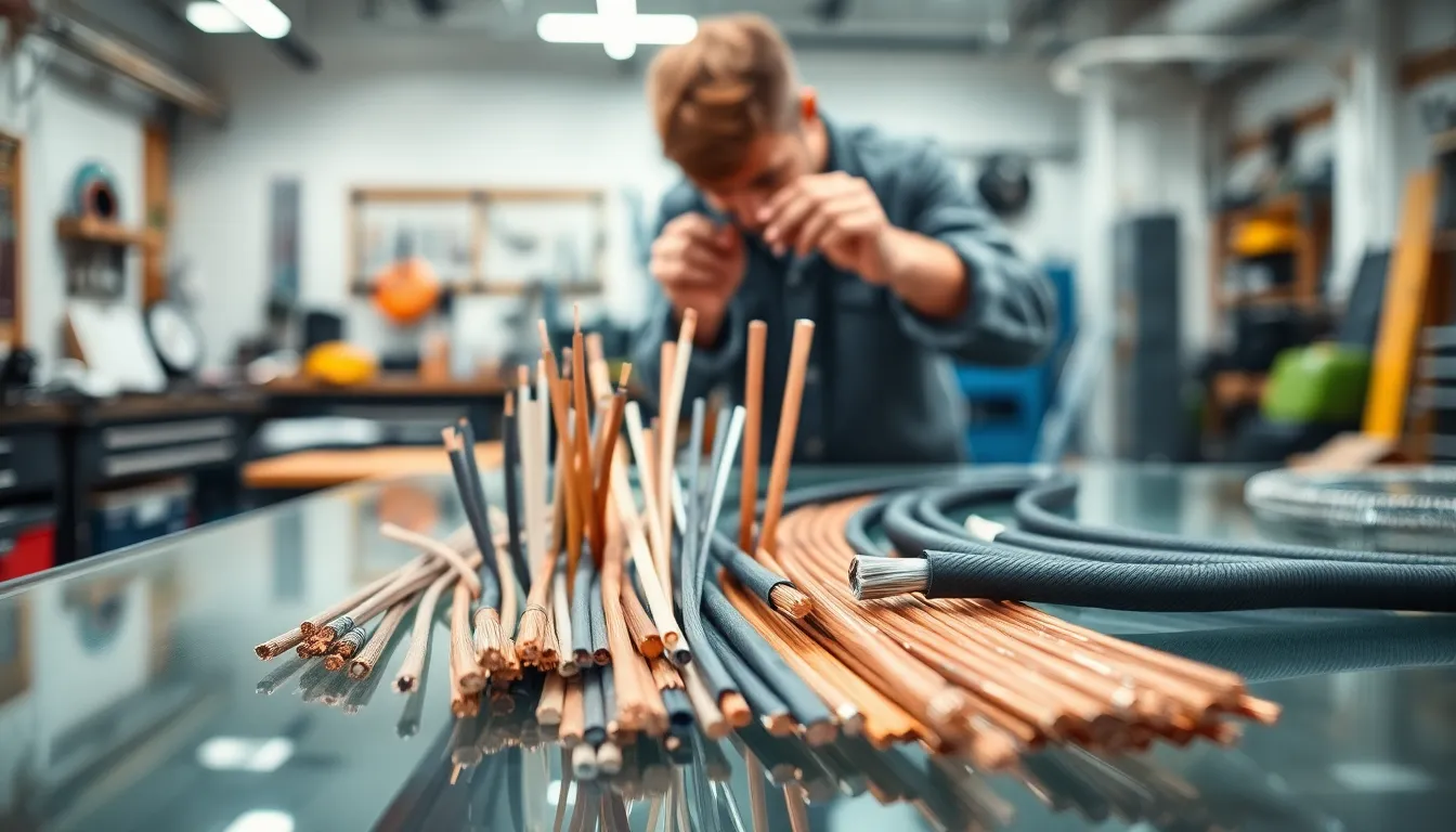 various types of hardware wires on a modern workshop table.