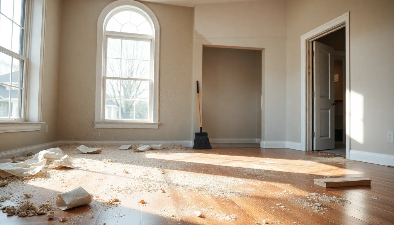 a renovated living room filled with dust and debris after construction.