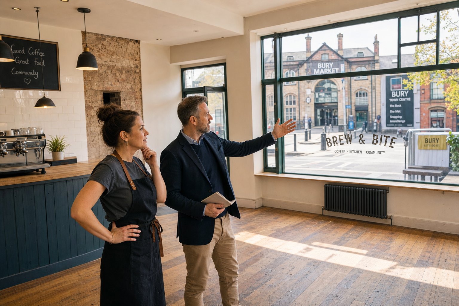 Advisor and caf&eacute; owner discussing a new hospitality space filled with natural light.