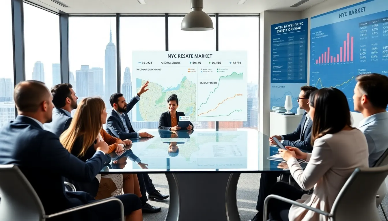 professionals discussing NYC real estate options in a modern office.