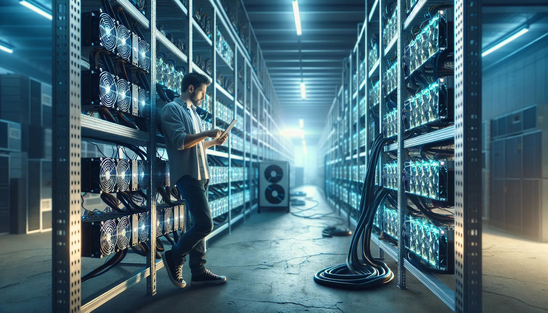 Modern Bitcoin mining facility with rows of ASIC miners and technician monitoring equipment.