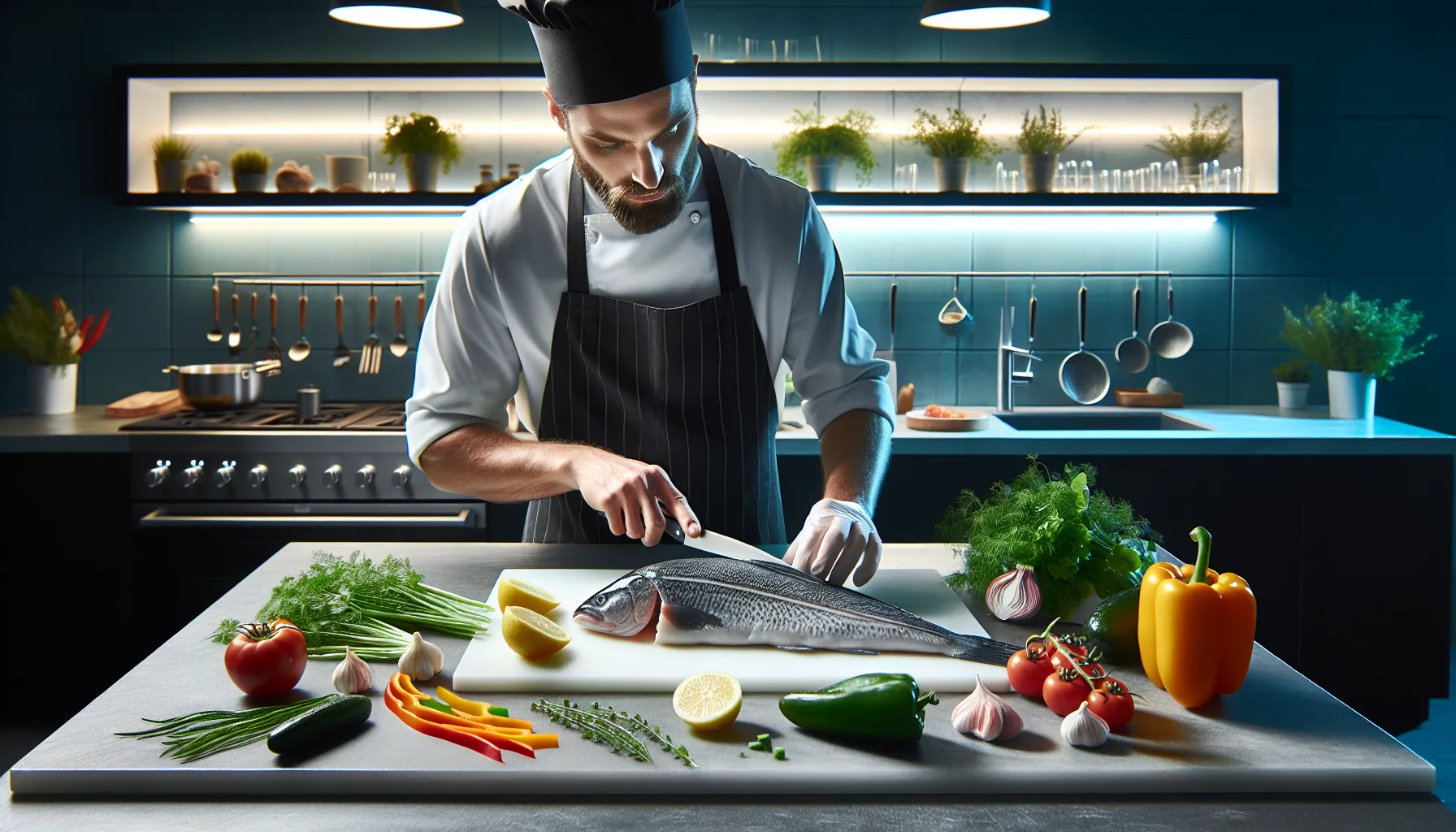 Chef preparing fresh cod fish in a modern kitchen.