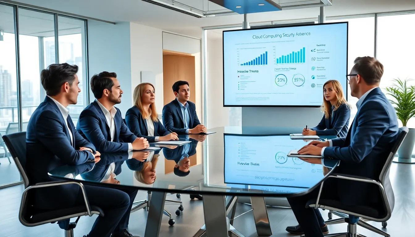 diverse team discussing cloud computing security in a modern office.