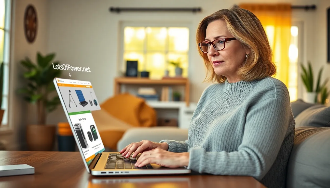 a woman using a laptop to explore LotsOfPower.net in a home office.
