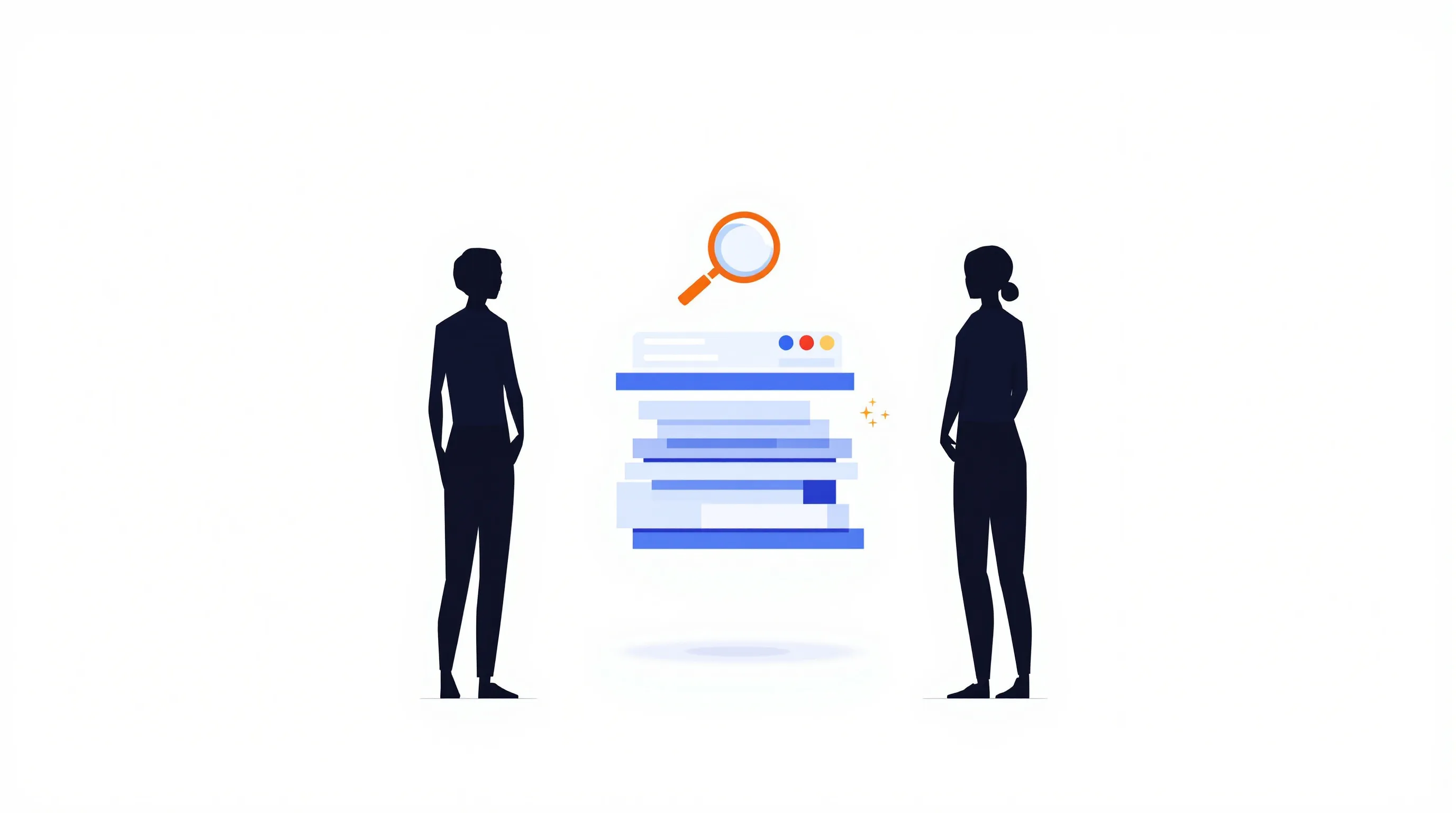 Two silhouettes with magnifying glass examining abstract website data blocks on white background.