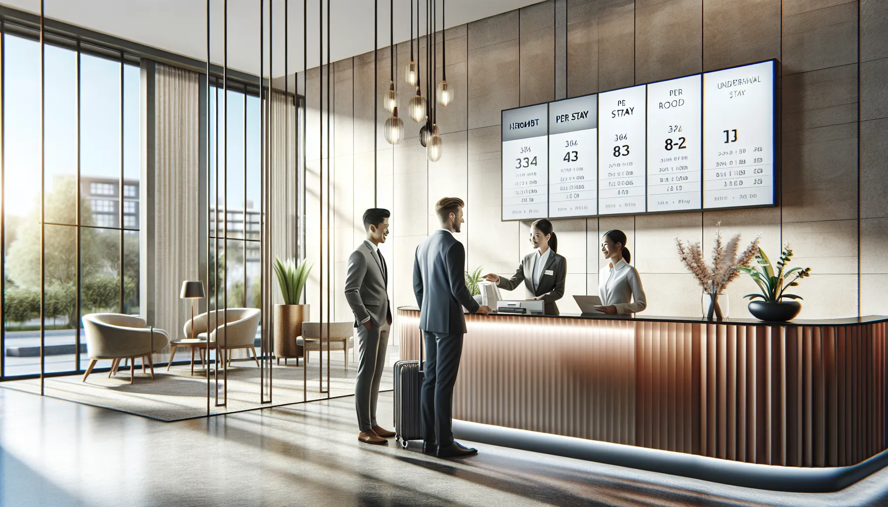 hotel receptionist explaining 'per stay' pricing to checking-in guests.