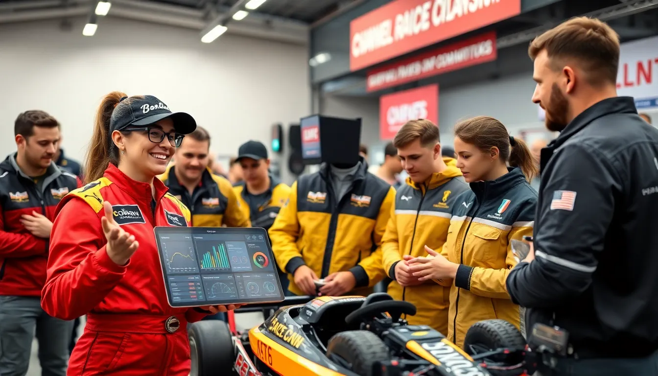 diverse group of racers collaborating in a modern racing hub.