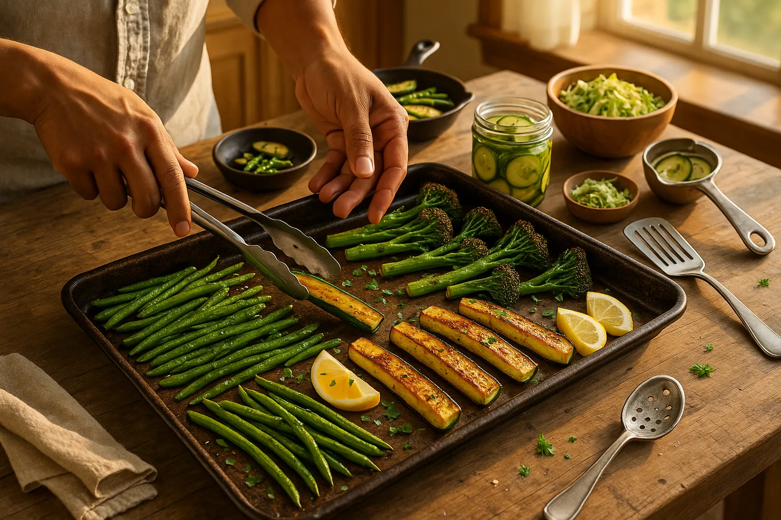 Roasted green beans, broccolini, and zucchini spears on a sheet pan with sides.