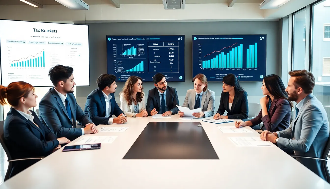 financial advisors discussing tax strategies in a modern office.