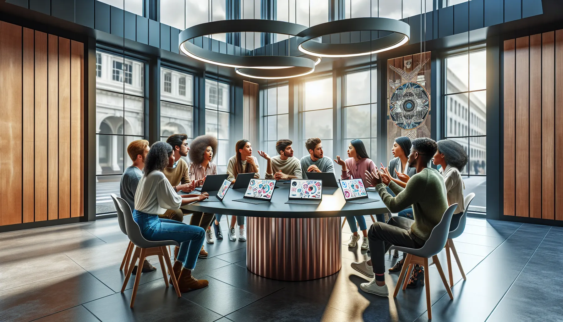 diverse group discussing in a modern community center.