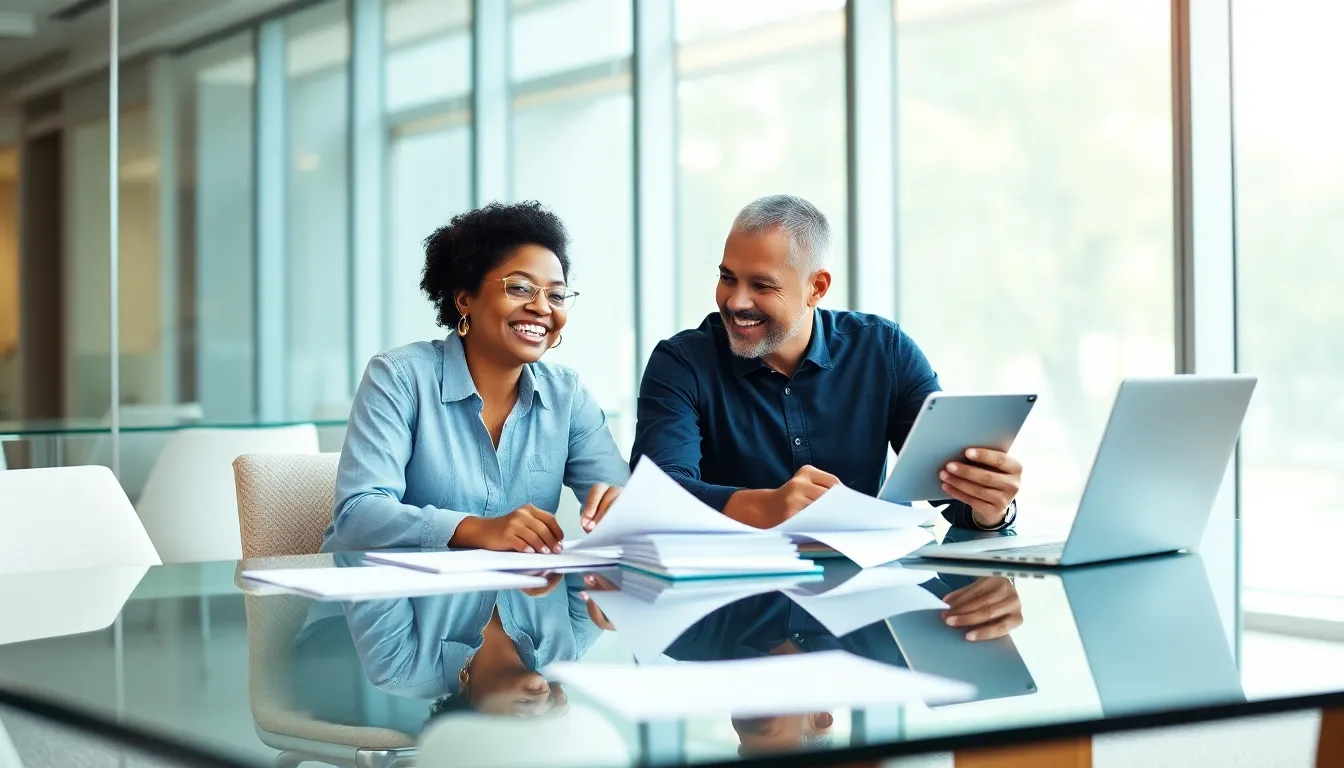 diverse couple planning for retirement in a modern office.