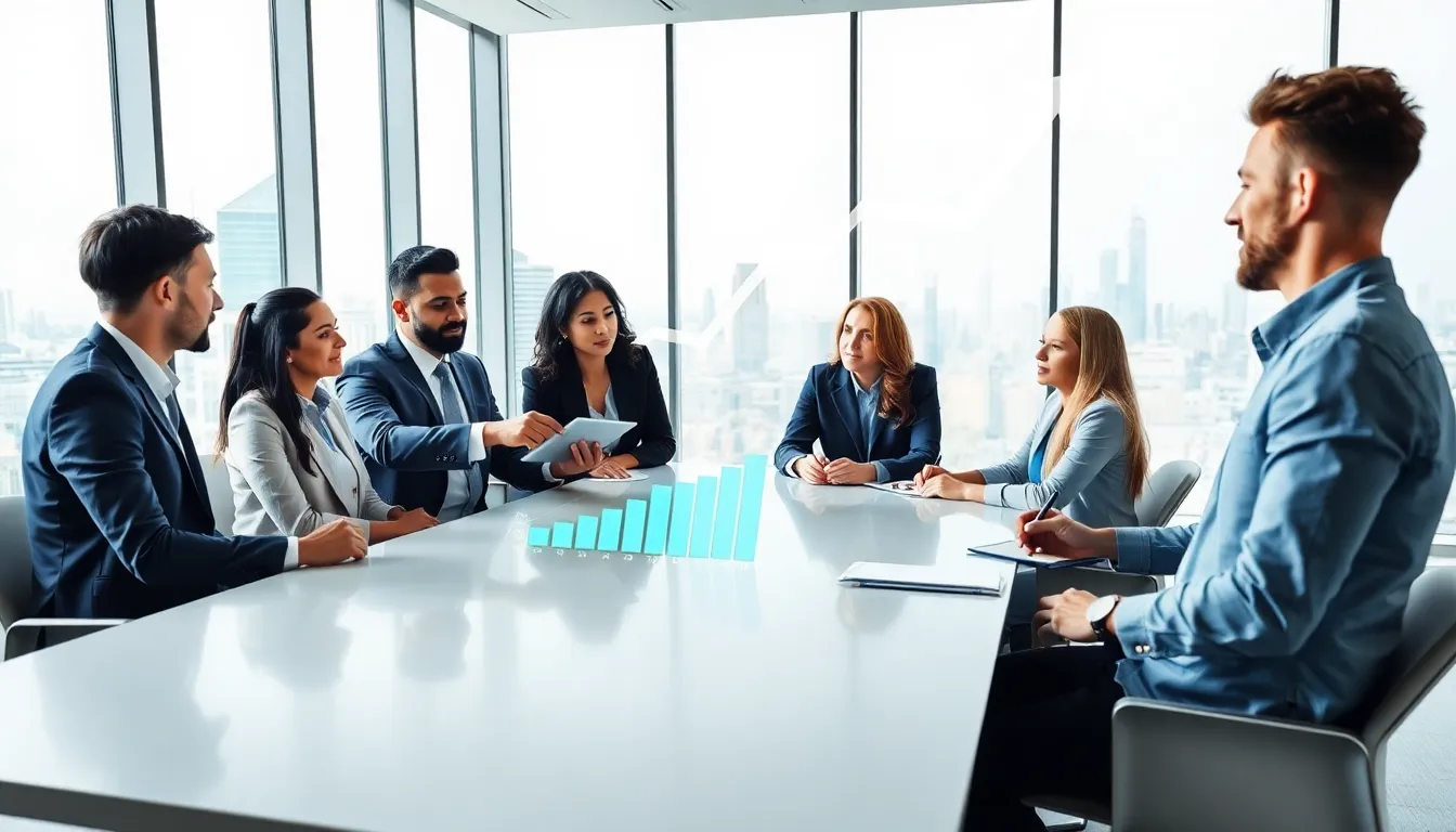 professionals discussing home price trends in a modern office setting.