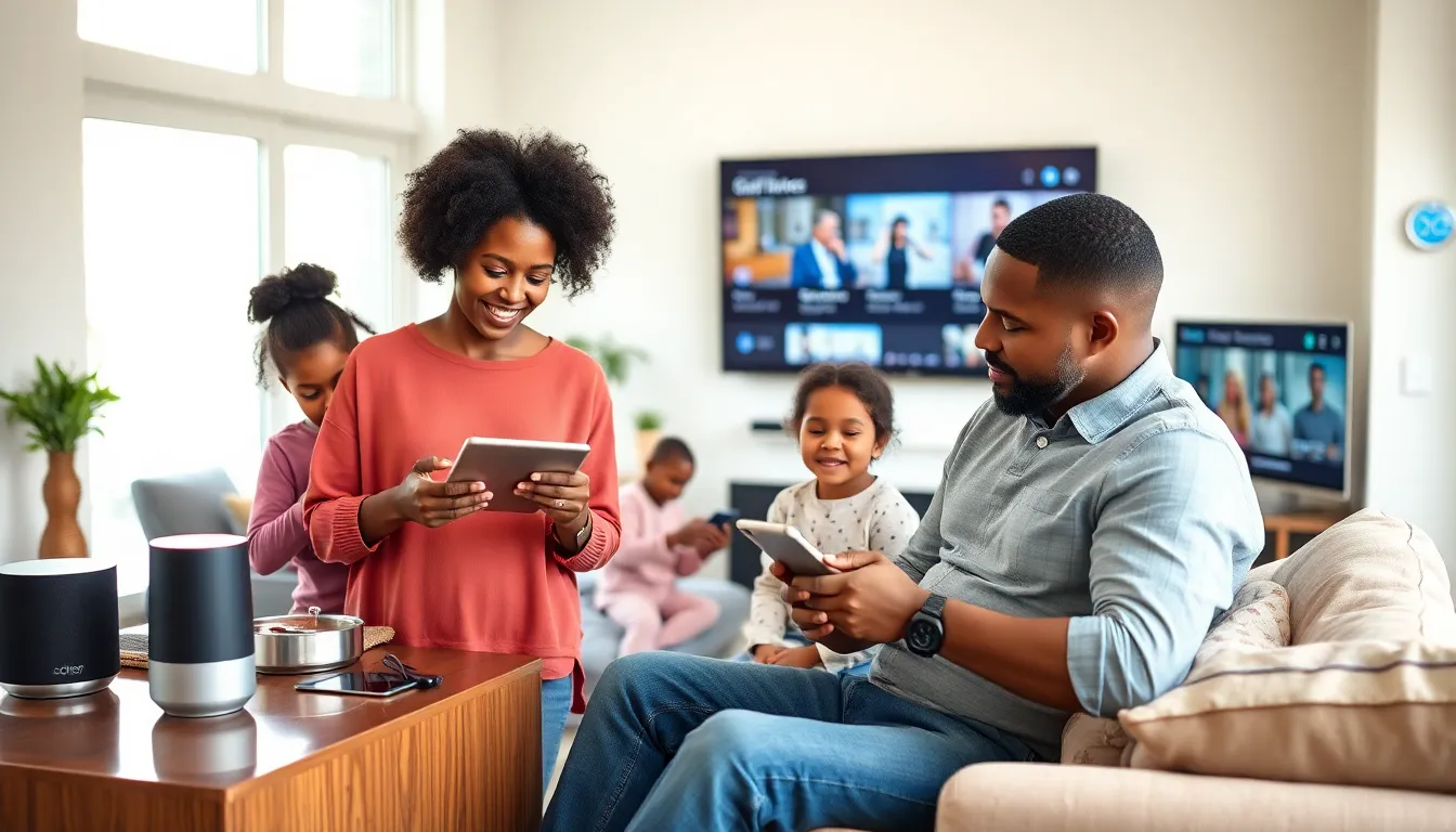 family using smart devices in a modern living room.