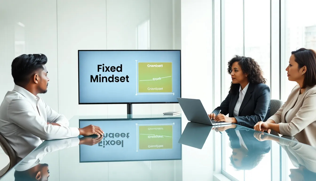 diverse team discussing mindsets in a modern office.