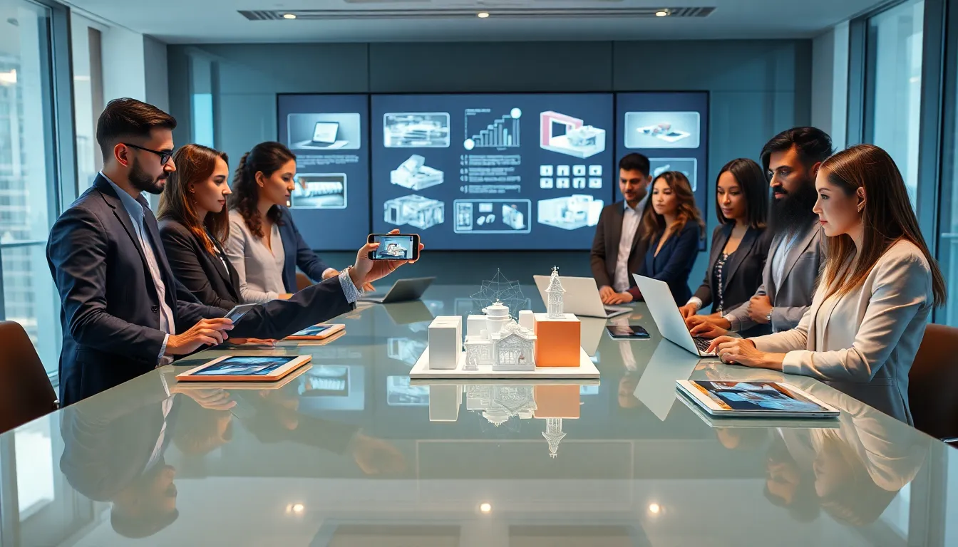 professionals collaborating on augmented reality development in a modern office.