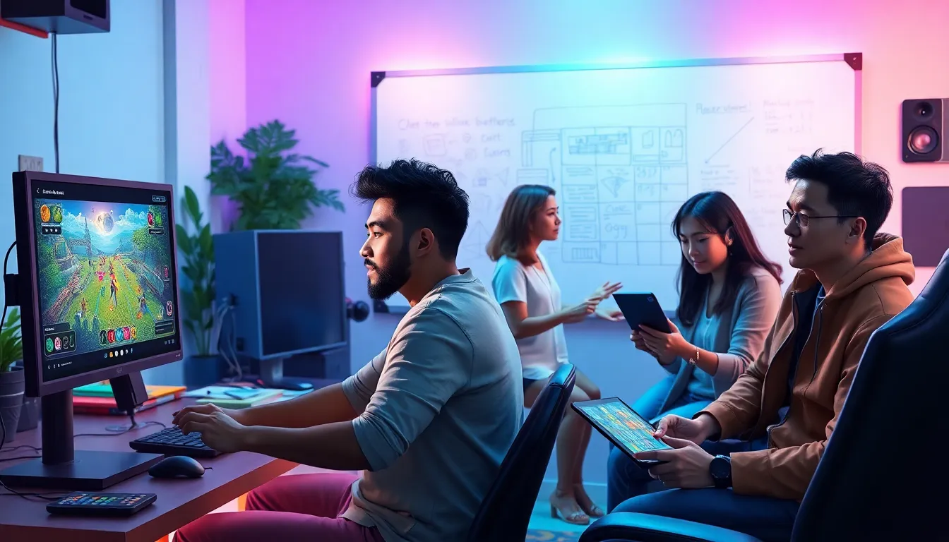 diverse gamers collaboratively creating in a modern gaming environment.