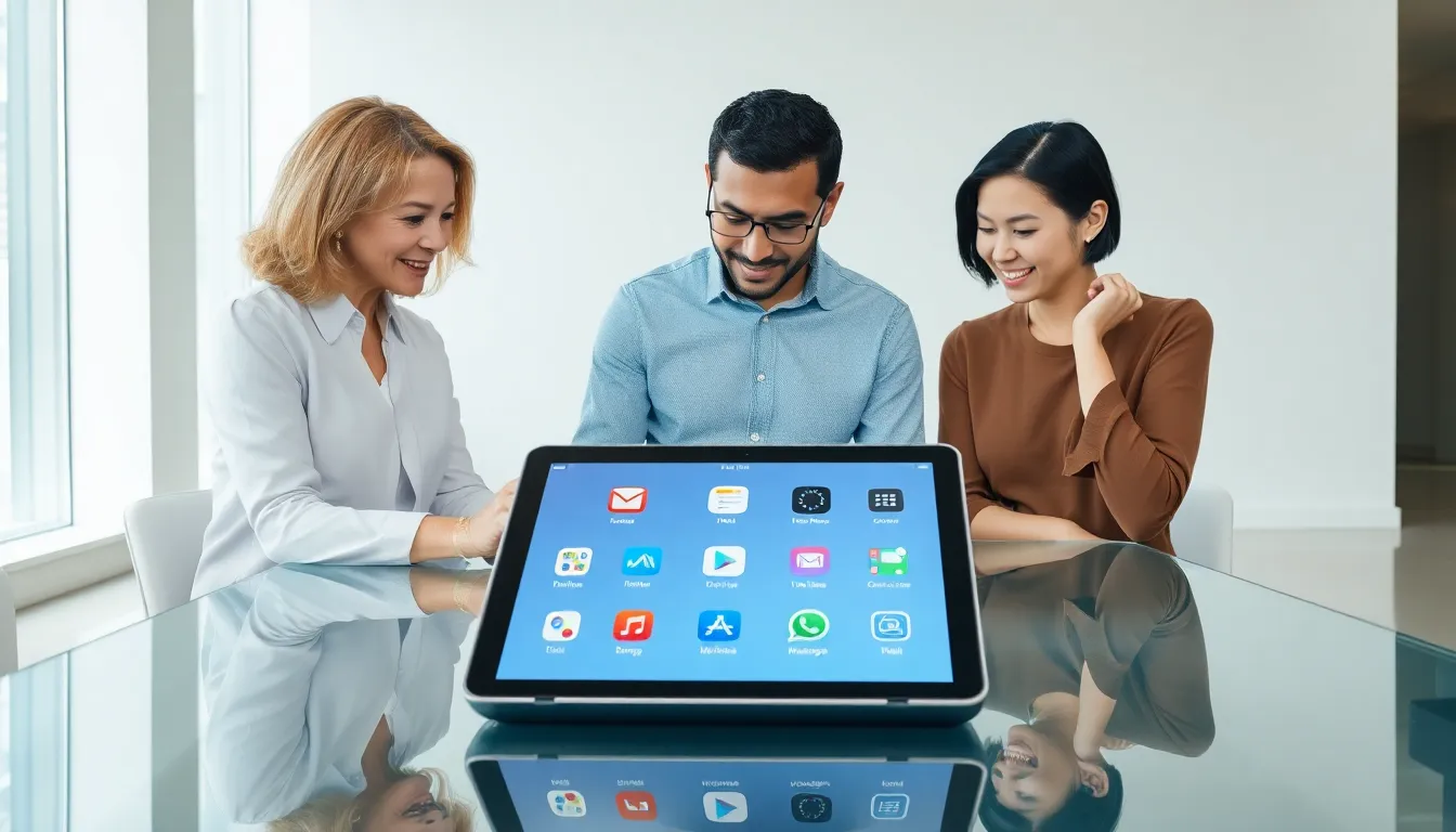 diverse team discussing built-in iPad apps in an office setting.