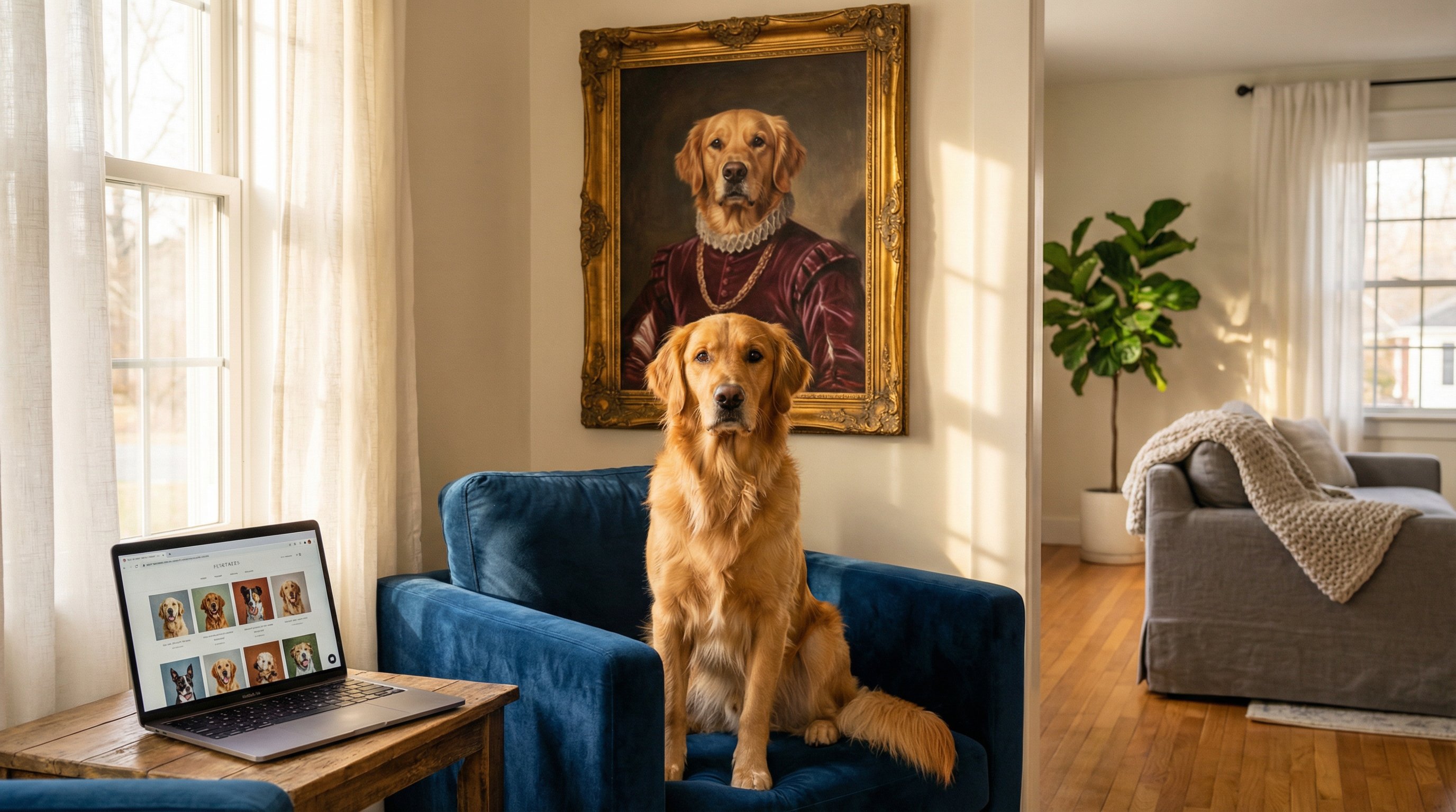 Golden retriever sitting beside its custom Renaissance-style art portrait in a living room.