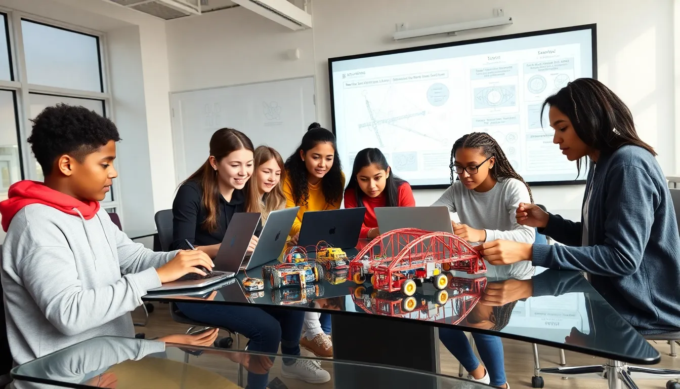 students collaborating on a STEM project in a modern classroom.