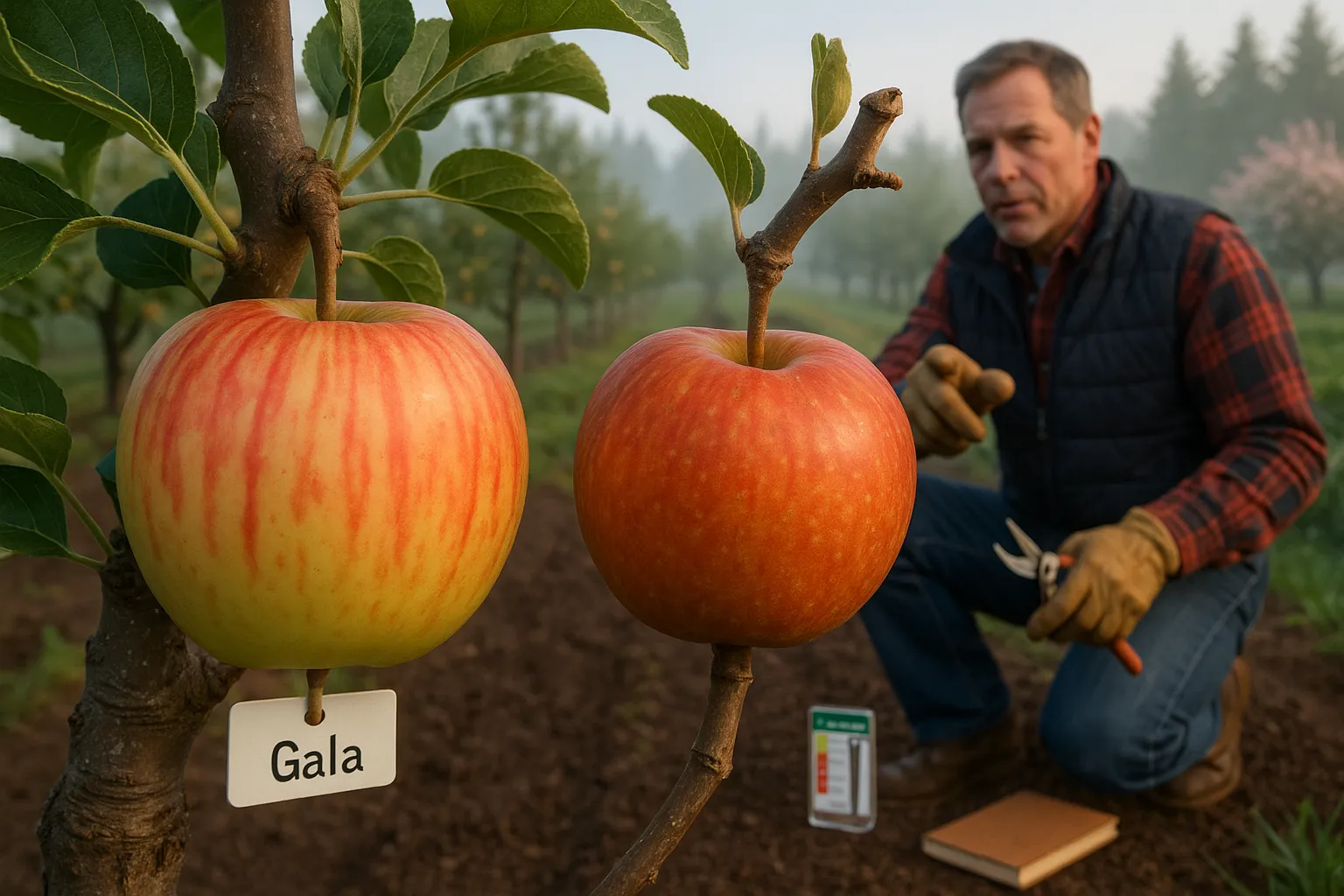 Two apples—Gala and Kidd’s Orange Red—on branches in a misty orchard