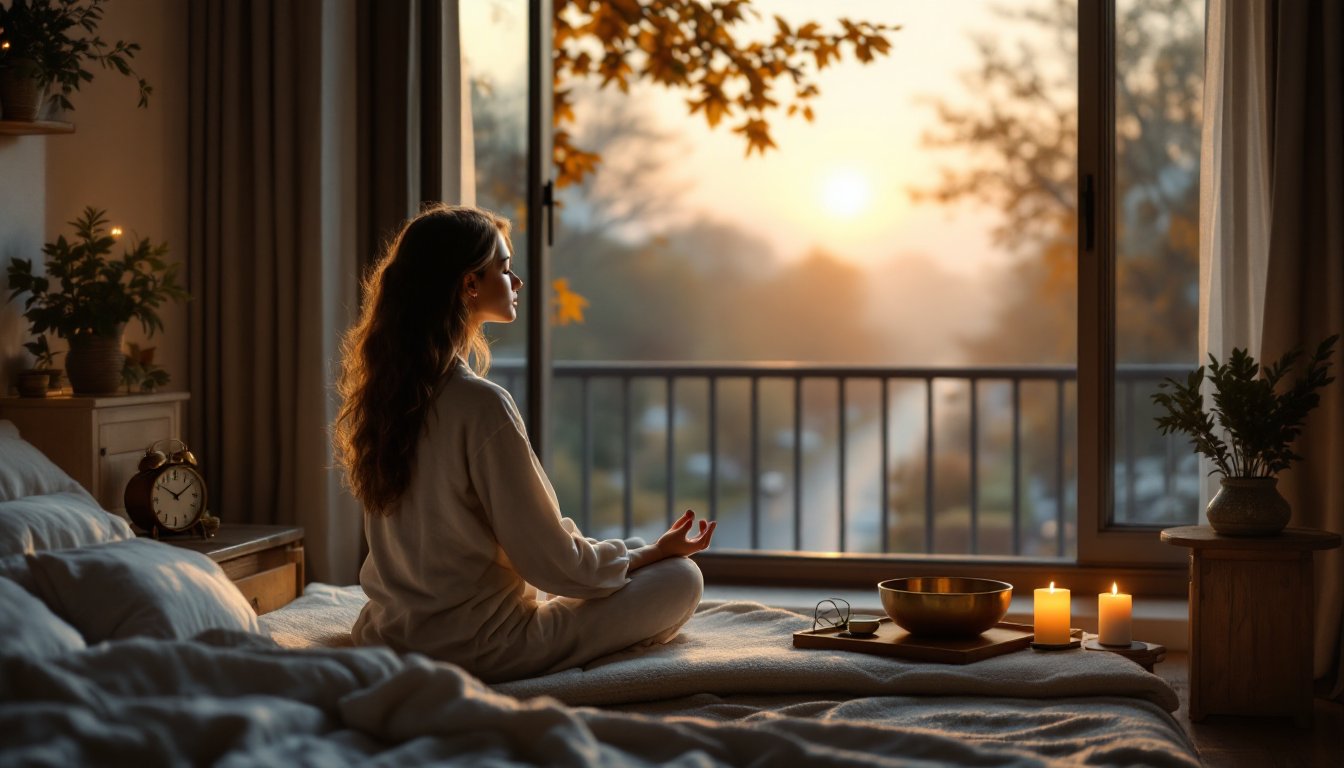 A woman meditating peacefully by an open window before sunrise during Brahma Muhurta.