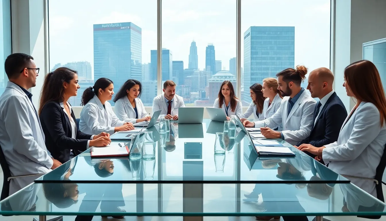 diverse team collaborating in a modern Boston biotech office.