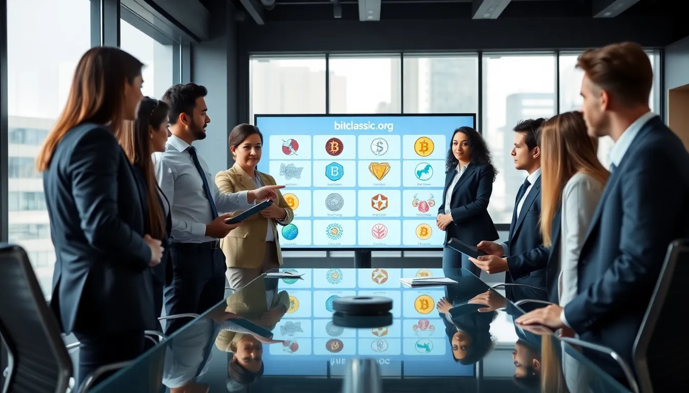professionals discussing NFTs in a modern office setting.