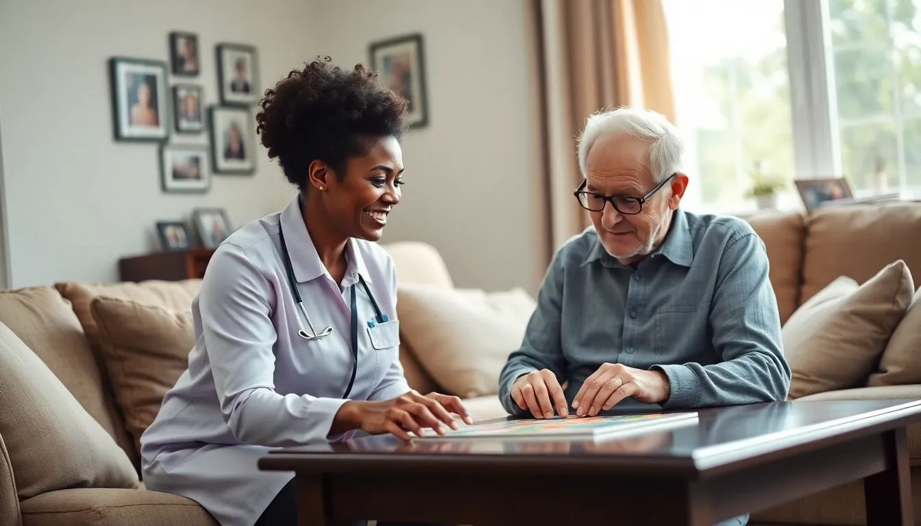 A caregiver assisting a senior man in a cozy living room.