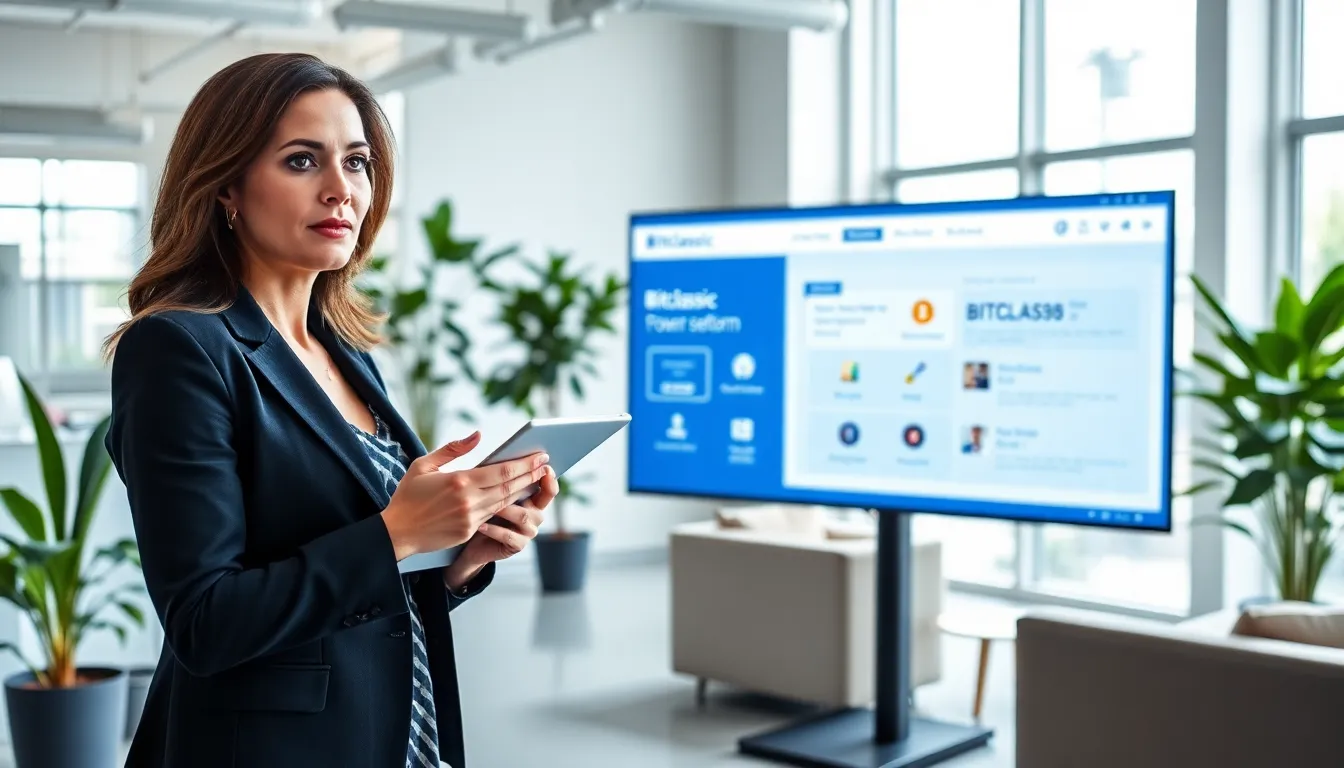 Stacy Klinger in a modern office, showcasing the Bitclassic platform on a screen.