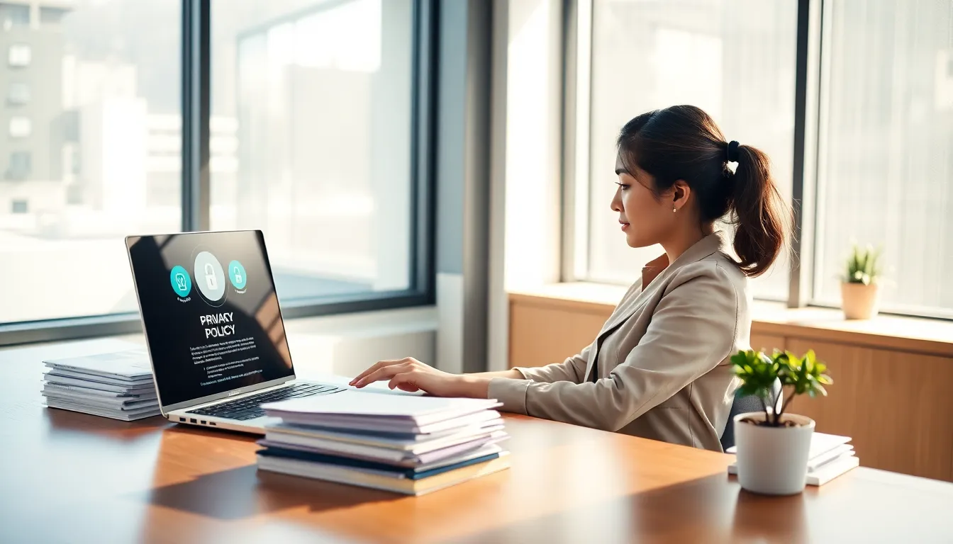 A woman reviewing a digital privacy policy in a modern office.