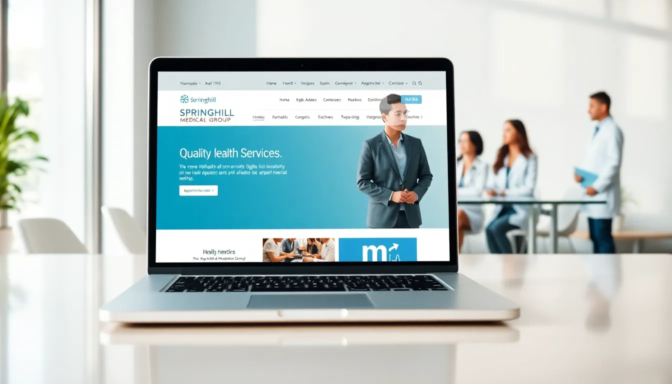 healthcare website interface with diverse professionals in a modern office setting.