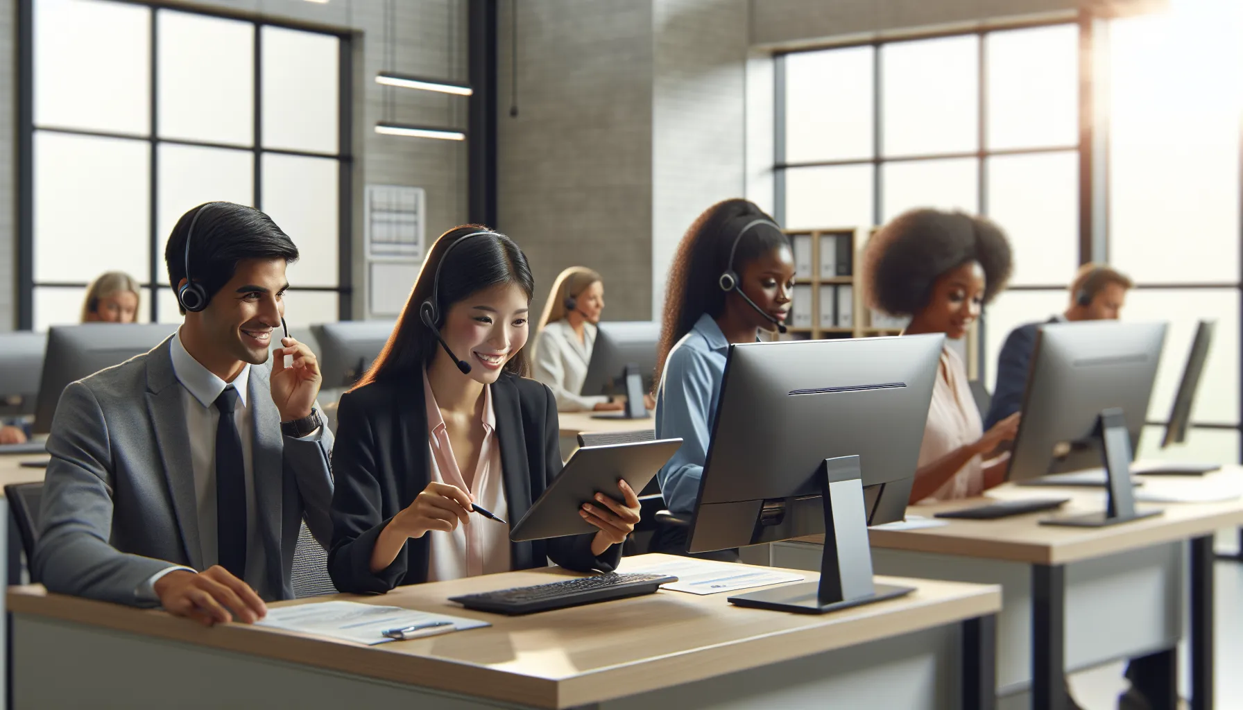 diverse customer service team assisting clients in a modern office.